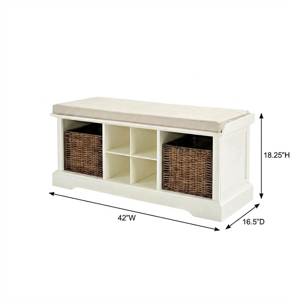 White Entryway Storage Bench, 2 Wicker Baskets, Cushioned Seat, MDF