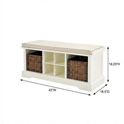 White Entryway Storage Bench, 2 Wicker Baskets, Cushioned Seat, MDF