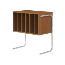 Wooden record player stand with vinyl storage and modern design