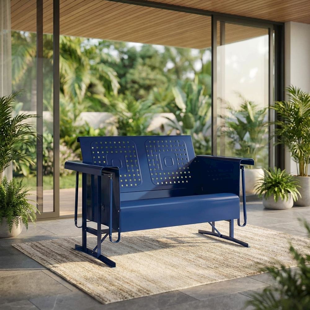 Navy Metal Patio Glider Bench – Outdoor Seating for Two with Retro Charm