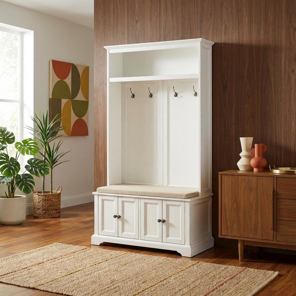 White Hall Tree, MDF Particle Board, Coat Hooks, Wide Entryway Organizer