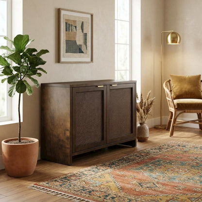Brown Record Player Cabinet with Wicker Accents, Vinyl Storage