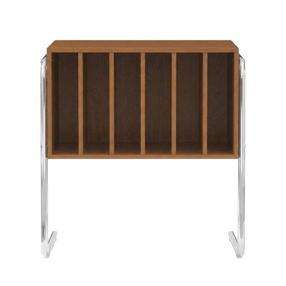 Wooden record player stand with vinyl storage and modern design