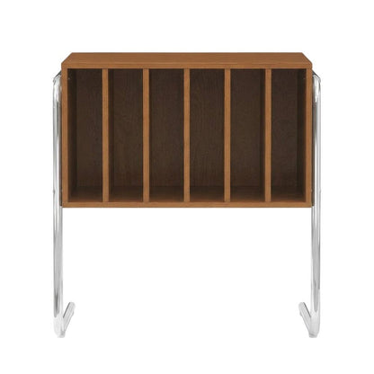 Wooden record player stand with vinyl storage and modern design