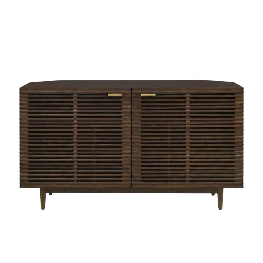 Corner record player cabinet with vinyl storage in wood finish and modern design