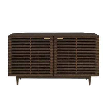 Corner record player cabinet with vinyl storage in wood finish and modern design