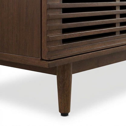 Corner record player cabinet with vinyl storage in wood finish and modern design