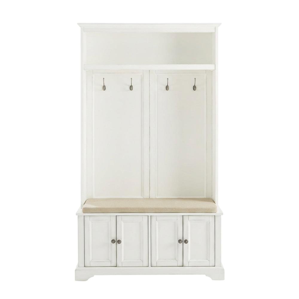 White Hall Tree, MDF Particle Board, Coat Hooks, Wide Entryway Organizer