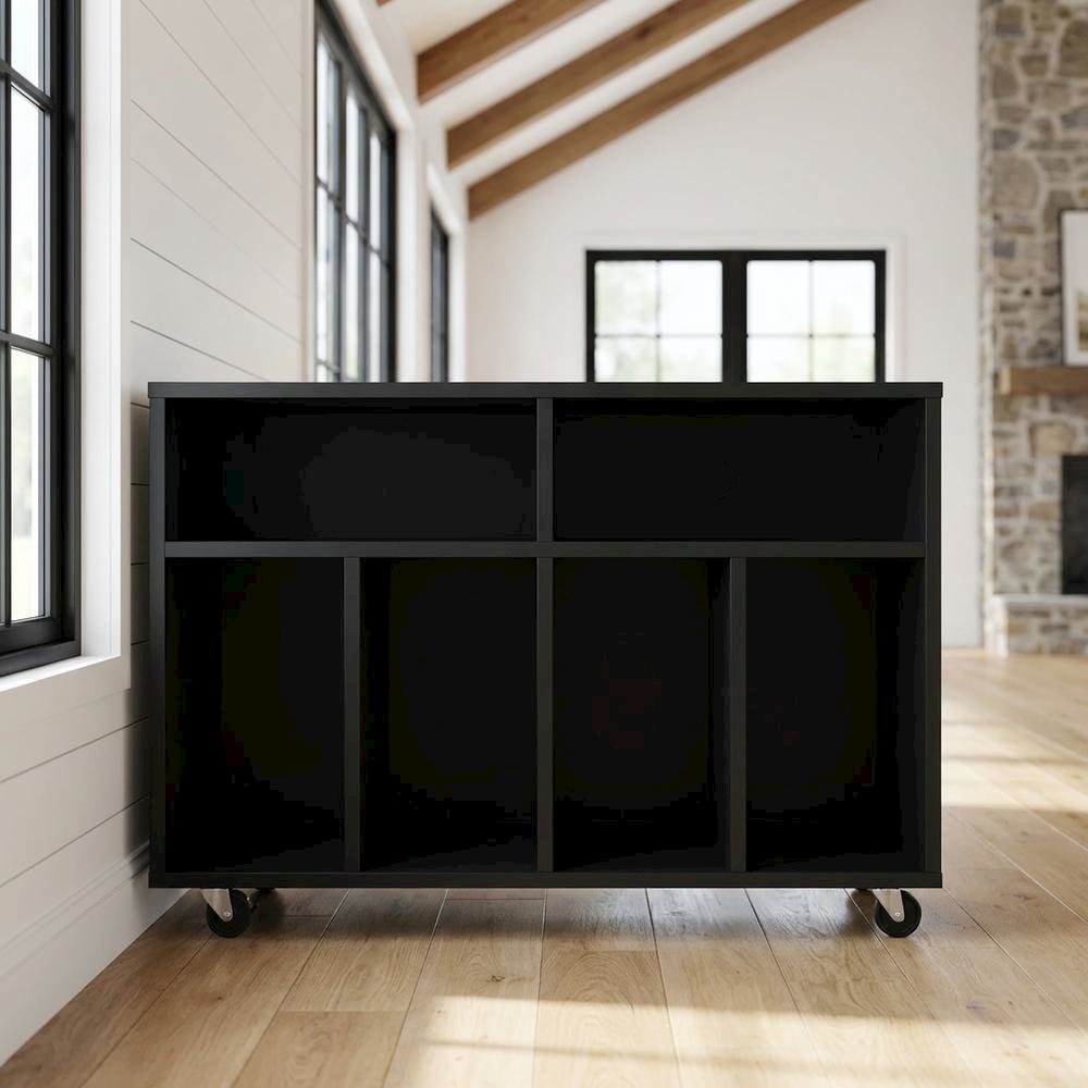 Wooden record player stand with vinyl storage and sleek design