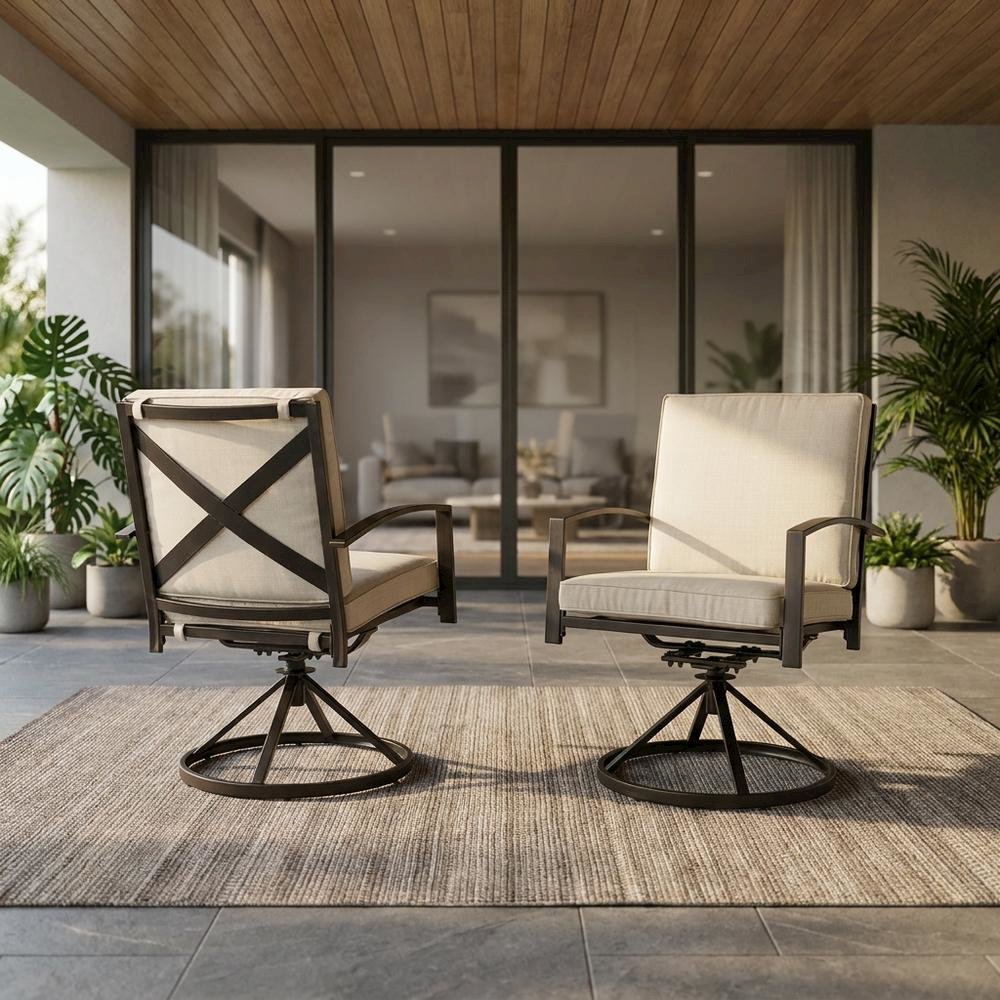 Outdoor Dining Swivel Chair Set in Oatmeal and Oil Rubbed Bronze