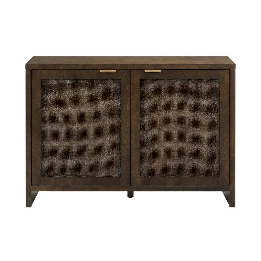 Brown Record Player Cabinet with Wicker Accents, Vinyl Storage