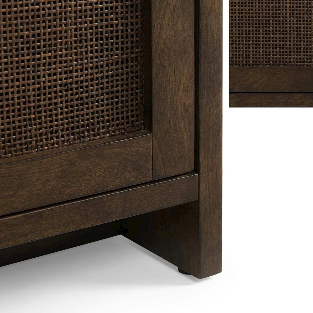 Brown Record Player Cabinet with Wicker Accents, Vinyl Storage