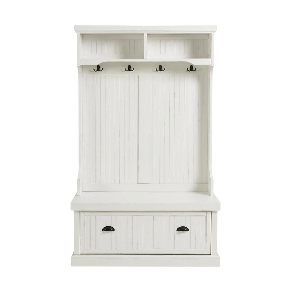Distressed White Hall Tree with Anti-Tip Hardware and Sturdy Construction