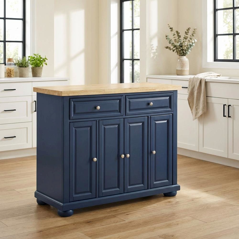 Navy Kitchen Island with Anti-Tip Feature and Natural Accent Finish