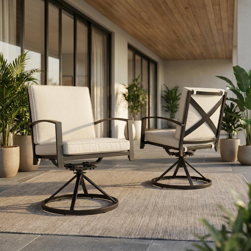Outdoor Dining Swivel Chair Set in Oatmeal and Oil Rubbed Bronze
