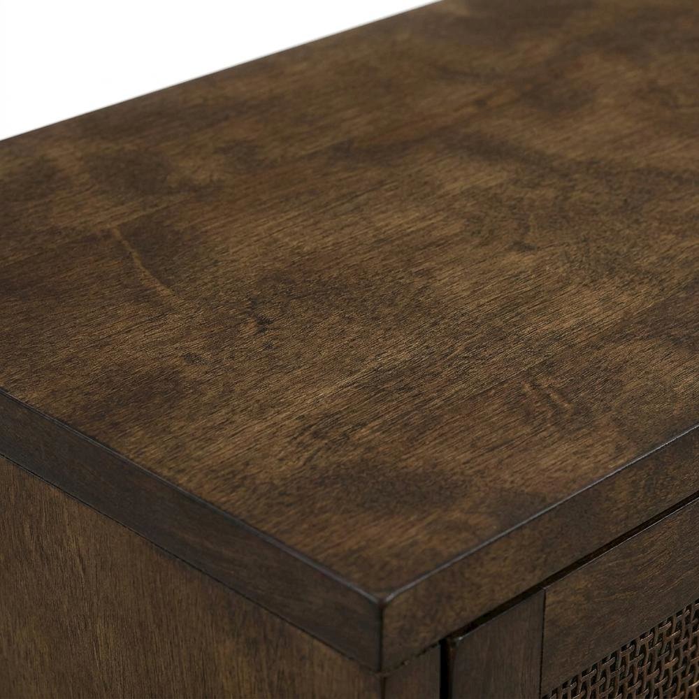 Brown Record Player Cabinet with Wicker Accents, Vinyl Storage