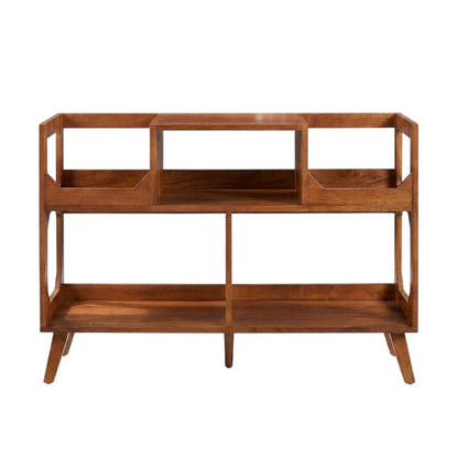 Brown Large Walnut Record Player Stand, Wide Vinyl Storage Console