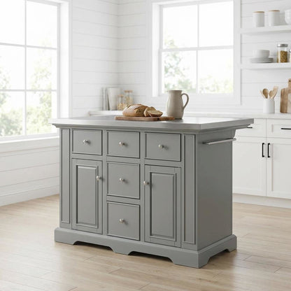 Gray kitchen island with stainless steel accents and anti-tip safety