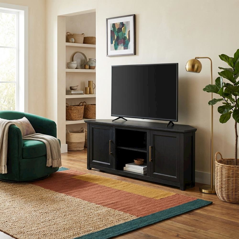 Black Corner TV Stand for 65+ Inch TVs with Storage Shelves