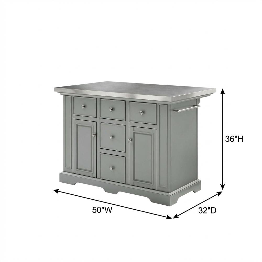 Gray kitchen island with stainless steel accents and anti-tip safety