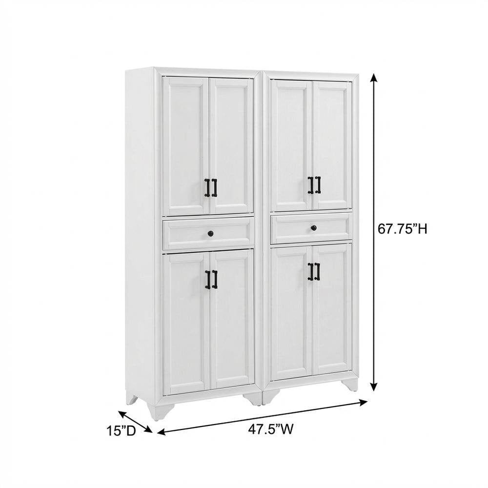 Distressed White Pantry Cabinets with Anti-Tip Mechanism and Floor Clearance