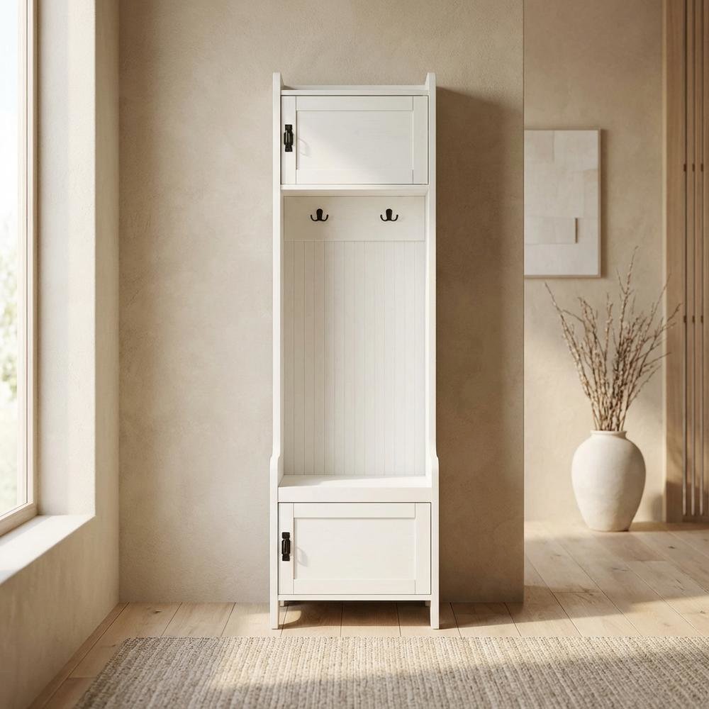 White Narrow Hall Tree, MDF Birch Veneer, Coat Hooks, Tall Entryway