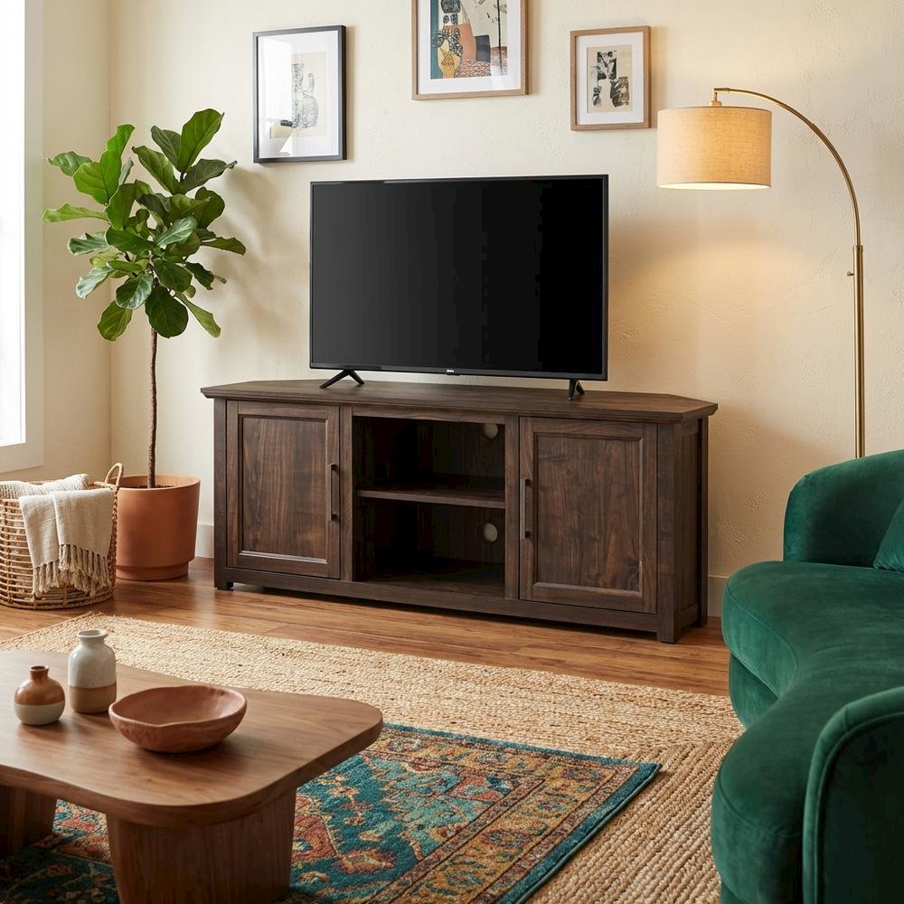 Corner TV Stand for 65+ Inch TVs in Black Wood Finish with Storage