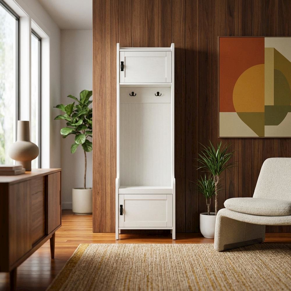 White Narrow Hall Tree, MDF Birch Veneer, Coat Hooks, Tall Entryway