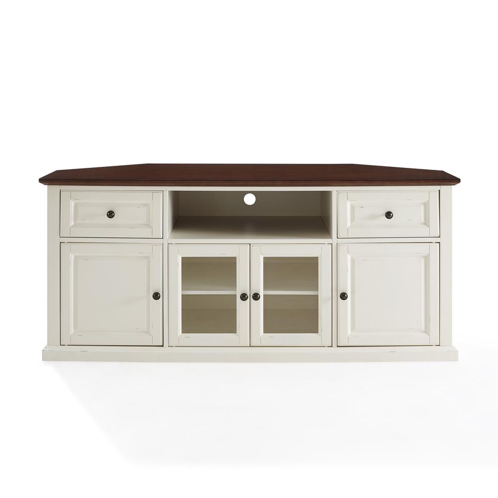 Stylish 60" Corner TV Console Featuring Antique Bronze Hardware and Storage