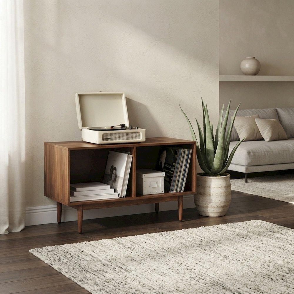 FurniFact Media Console with Open Vinyl Storage and Low-Profile, Walnut