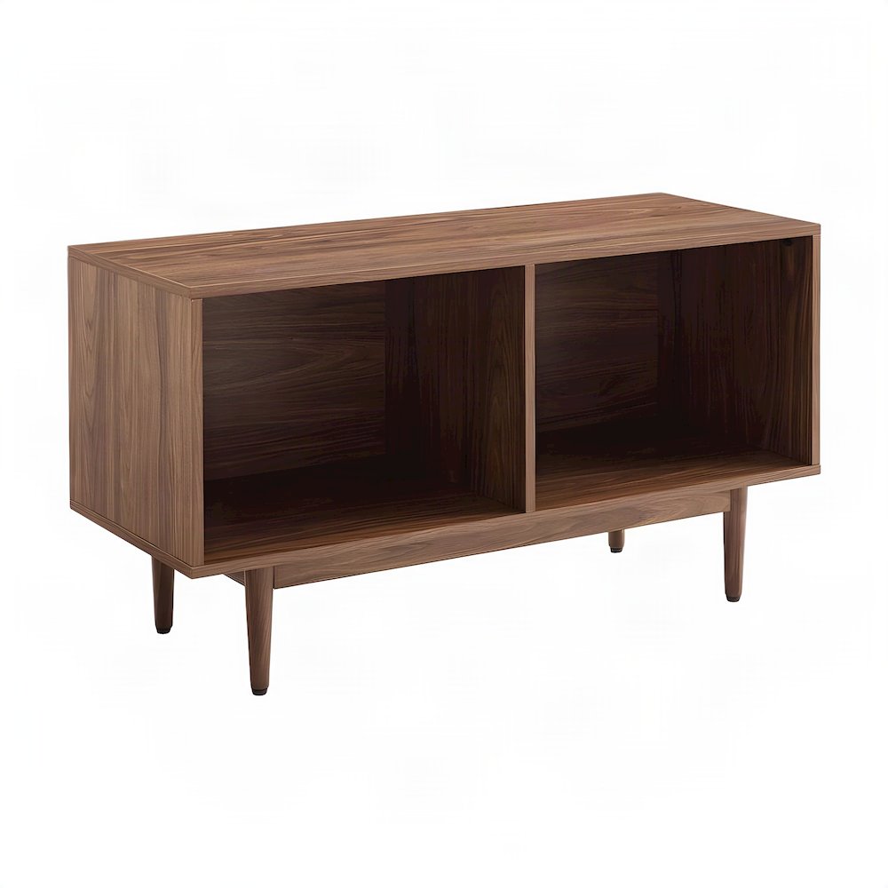FurniFact Media Console with Open Vinyl Storage and Low-Profile, Walnut