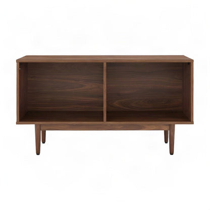 FurniFact Media Console with Open Vinyl Storage and Low-Profile, Walnut