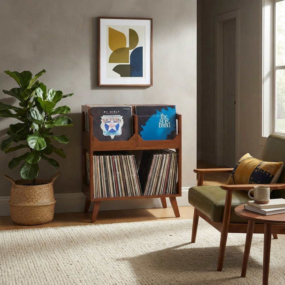 FurniFact Entertainment Center with Vinyl Record Storage Stand, Walnut