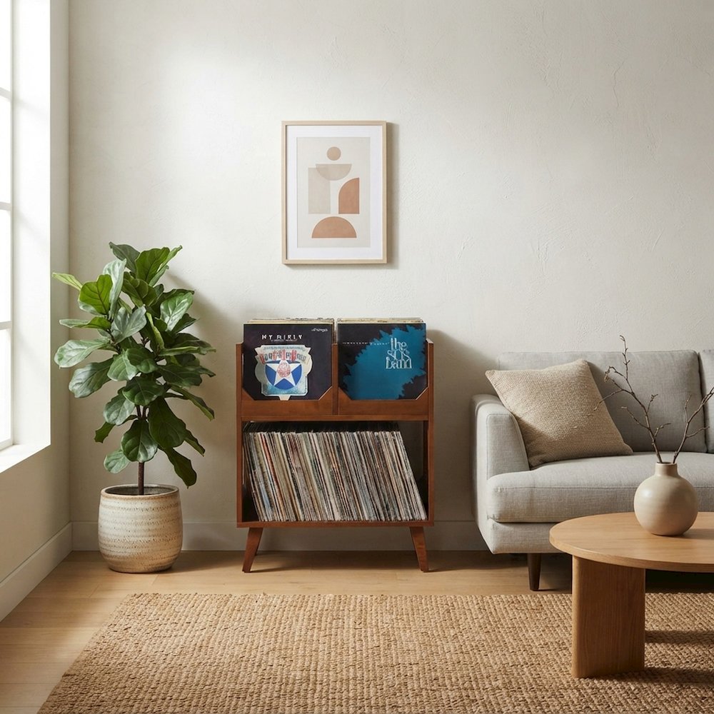 FurniFact Entertainment Center with Vinyl Record Storage Stand, Walnut