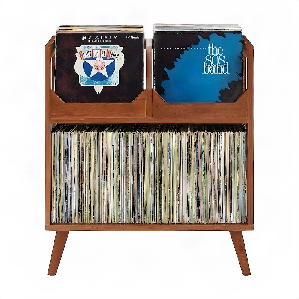 FurniFact Entertainment Center with Vinyl Record Storage Stand, Walnut