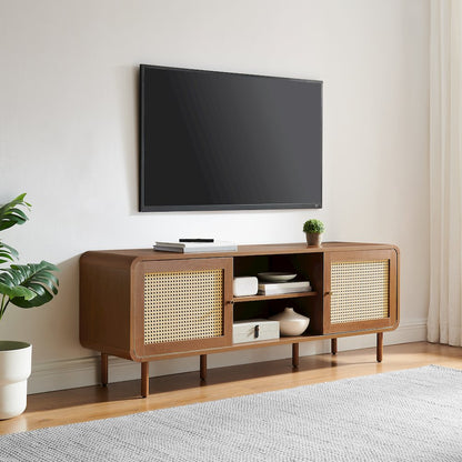 Nora Modern Record Player Cabinet With Vinyl Storage, Rattan Turntable Stand