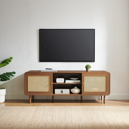 Nora Modern Record Player Cabinet With Vinyl Storage, Rattan Turntable Stand