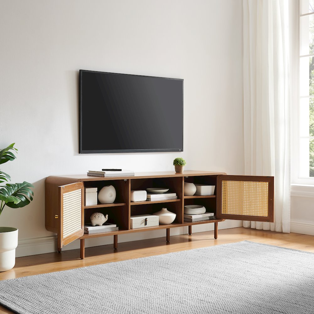 Nora Modern Record Player Cabinet With Vinyl Storage, Rattan Turntable Stand