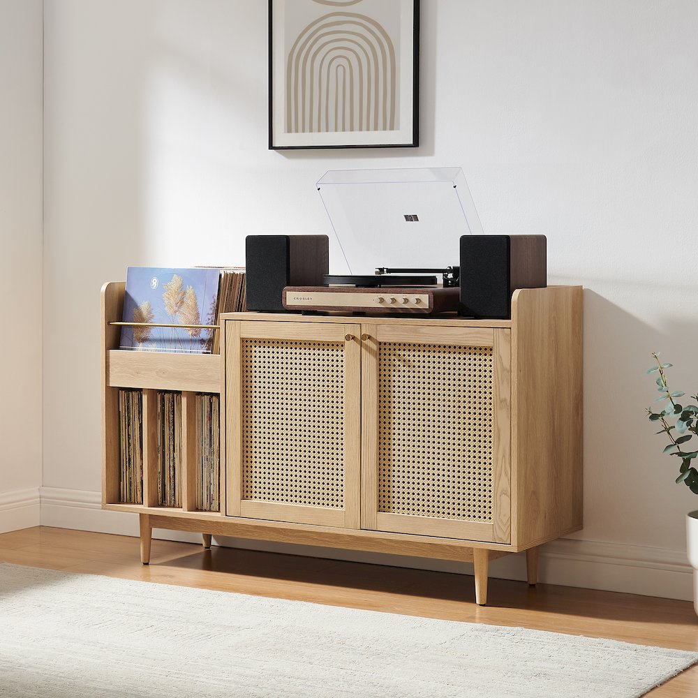 Maeve Record Player Cabinet, Vinyl Storage, Rattan Turntable Stand for Records