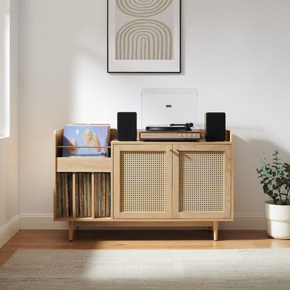 Maeve Record Player Cabinet, Vinyl Storage, Rattan Turntable Stand for Records