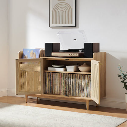 Maeve Record Player Cabinet, Vinyl Storage, Rattan Turntable Stand for Records