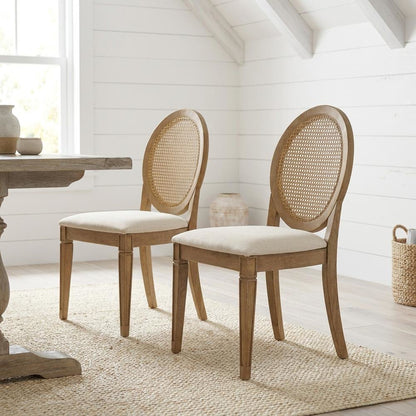 Cane-Back Dining Chair Set with Upholstered Seats and Creme Finish