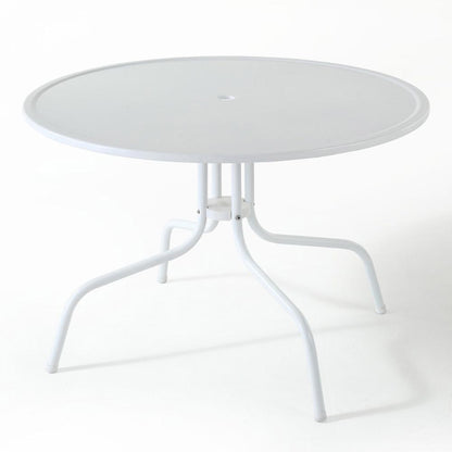 White outdoor dining table with anti-tip hardware and sturdy construction