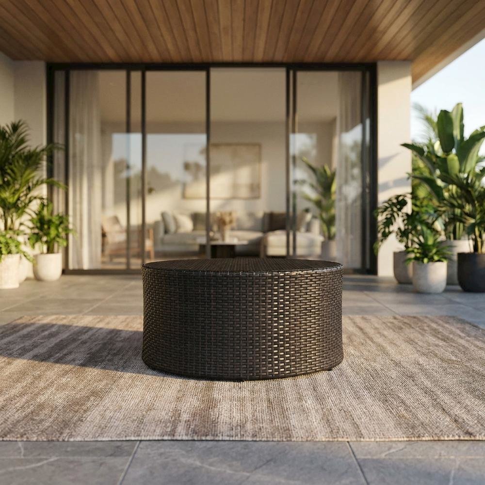 Wicker Round Coffee Table for Outdoor Patio Lounge with 33 lb Weight