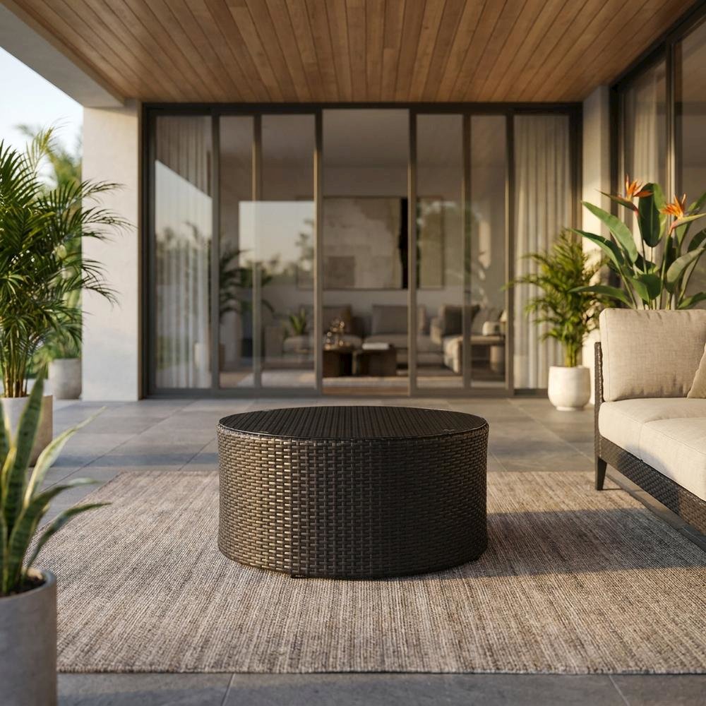 Wicker Round Coffee Table for Outdoor Patio Lounge with 33 lb Weight