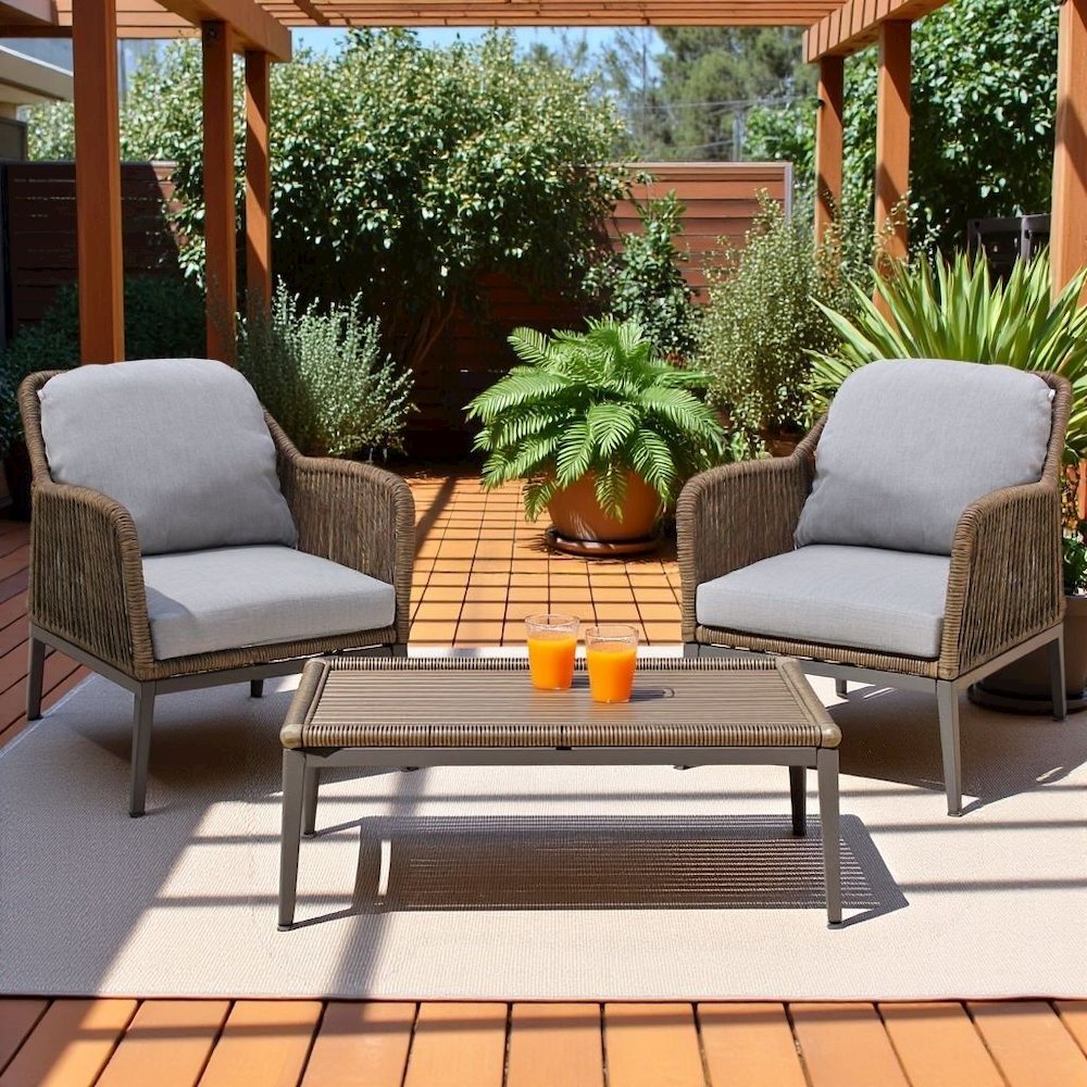 Light Brown Wicker Outdoor Patio Chairs Set of 2 with Cushions for Porch