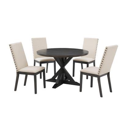 Hayden 5-Piece Round Dining Table Set For 4 - Table & 4 Upholstered Chairs
