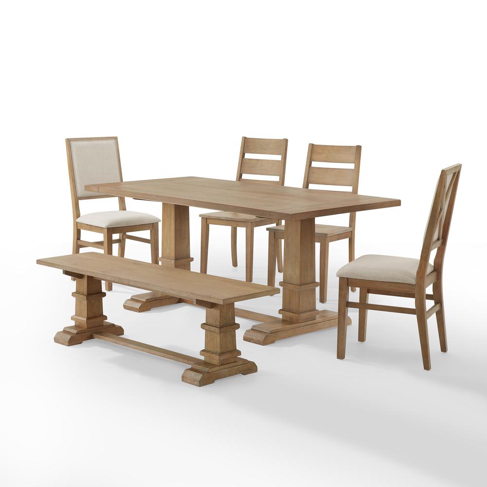 6-Piece Dining Table Set For 7, Table, Bench, 2 Ladder-Back Chairs, 2 Arm Chairs