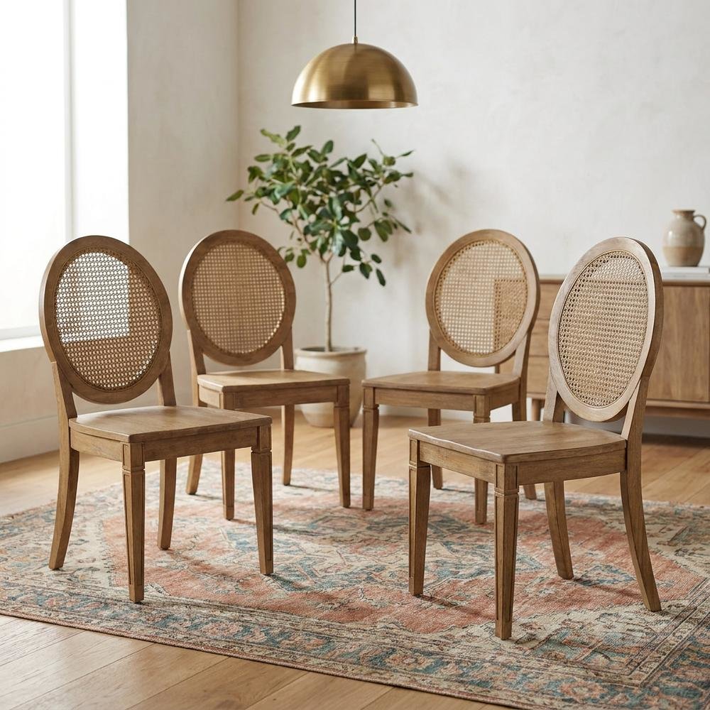 Set of 4 Cane-Back Dining Chairs with Wooden Frame and Comfort Seats