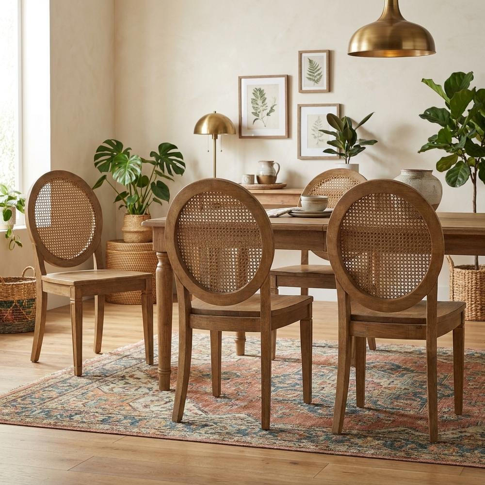 Set of 4 Cane-Back Dining Chairs with Wooden Frame and Comfort Seats